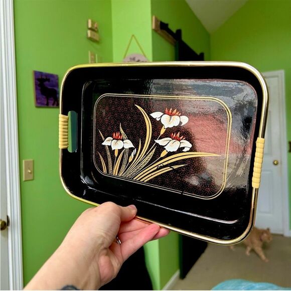 Vintage Floral Oriental Black Tray With Handles Rustic Ottoman Tabletop Storage - Picture 2 of 8